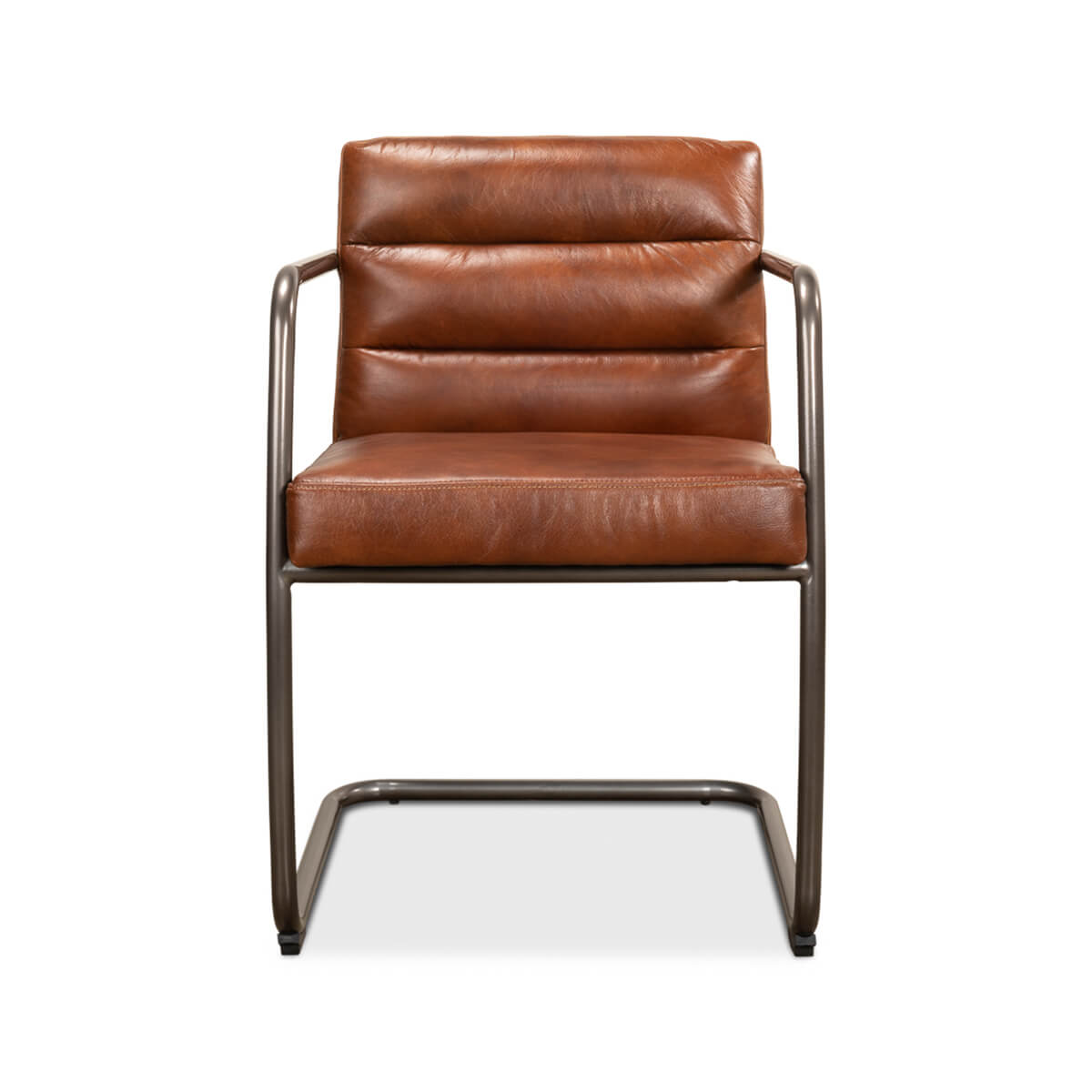 Front view of industrial leather armchair, cushion detail visible.