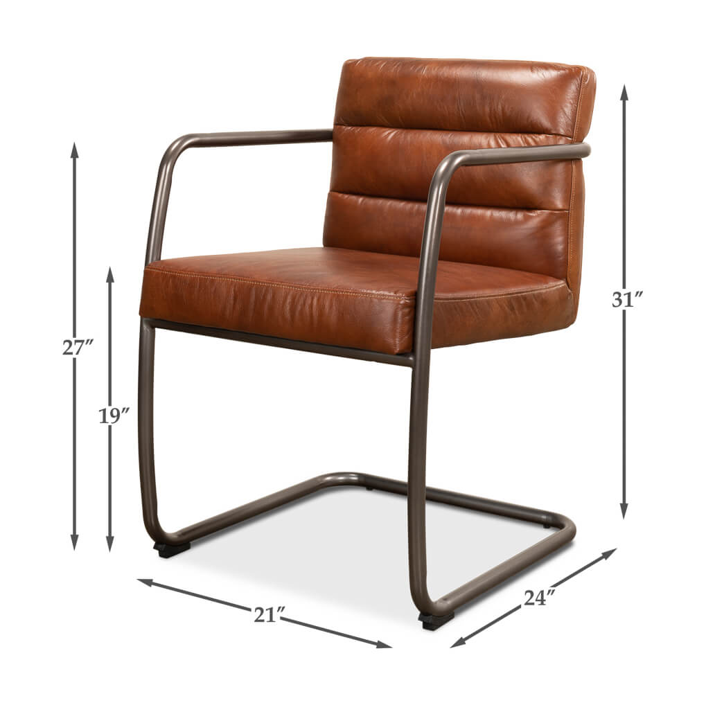 Industrial leather armchair with dimensions, metal frame and leather.
