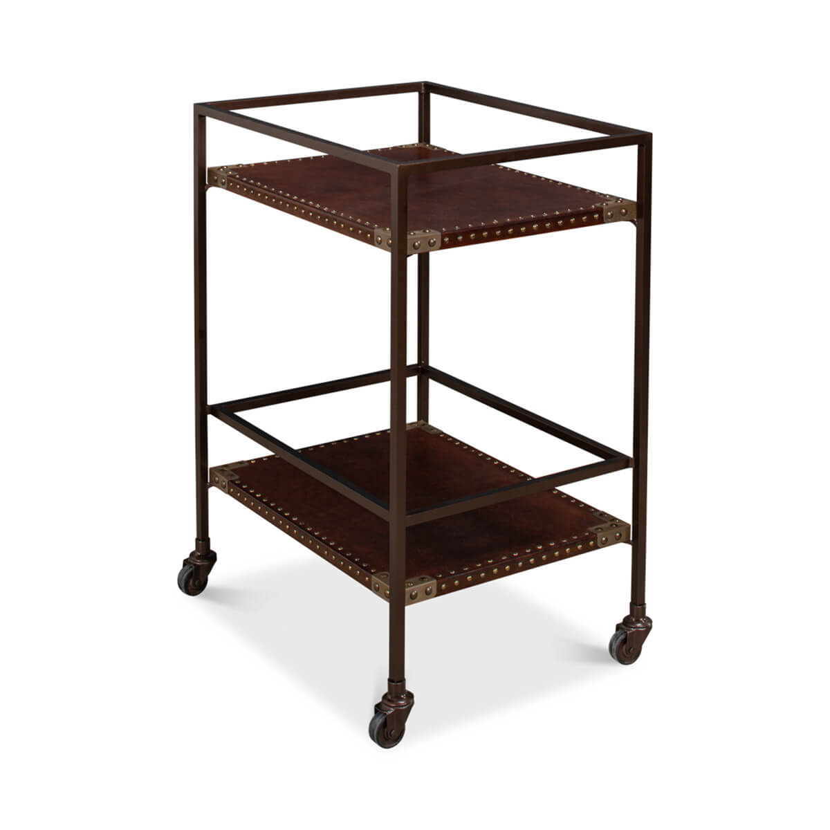 Industrial leather trolley, angled side view, sturdy frame.