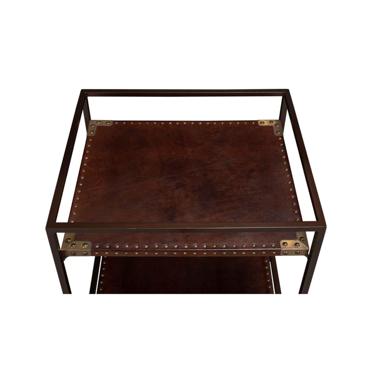 Industrial leather trolley, top shelf close-up, leather detail.