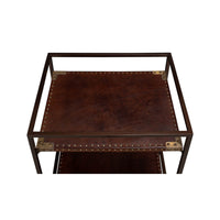 Industrial leather trolley, top shelf close-up, leather detail.