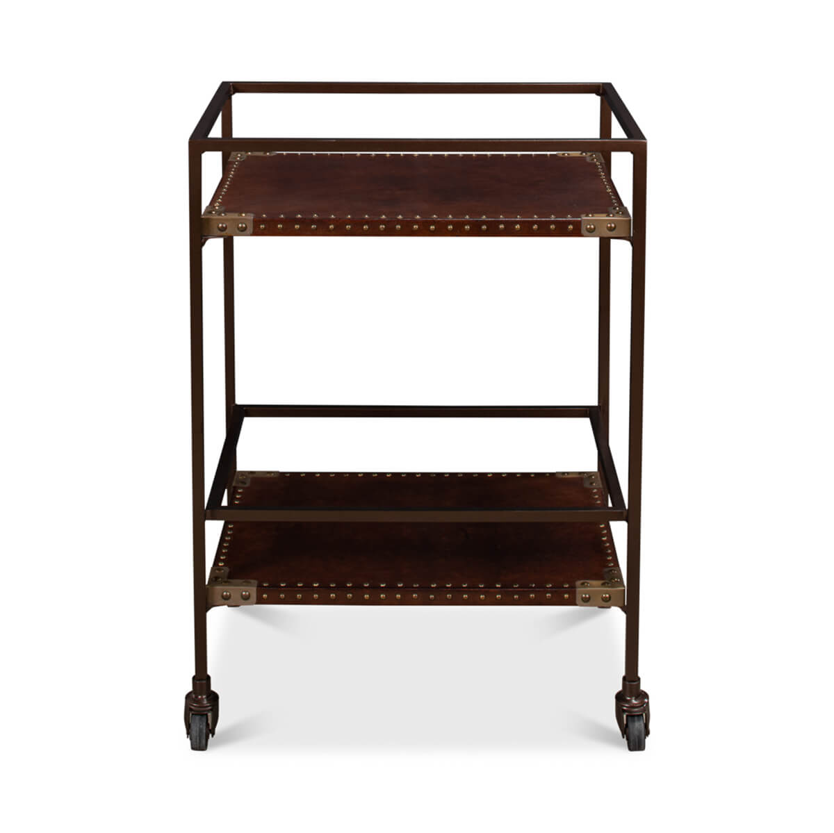 Industrial leather trolley, front view, three shelves aligned.