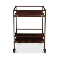 Industrial leather trolley, front view, three shelves aligned.