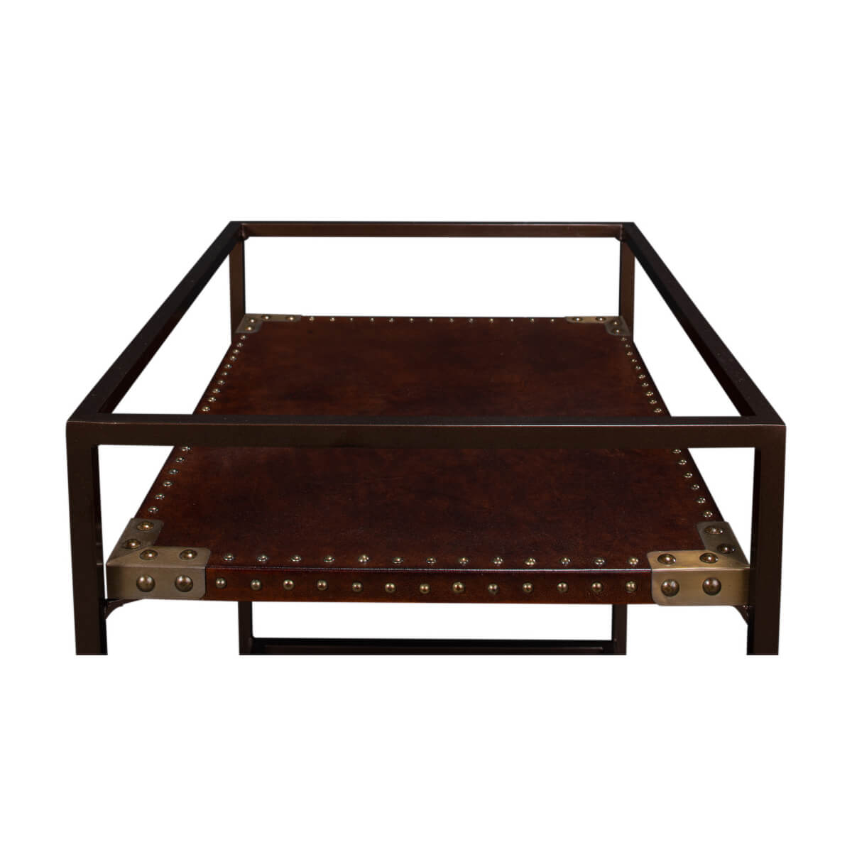 Industrial leather trolley, side shelf view, sturdy construction.