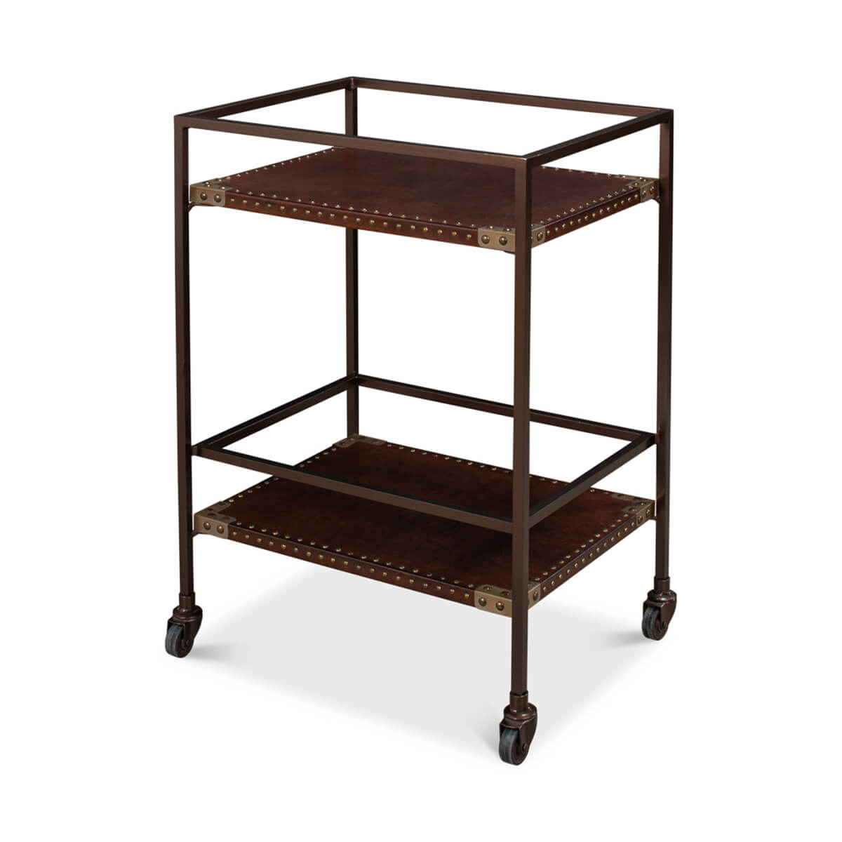 Industrial leather trolley, angle view, two shelves visible.