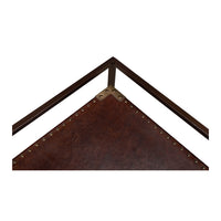 Industrial leather trolley, corner close-up, rivet detailing.
