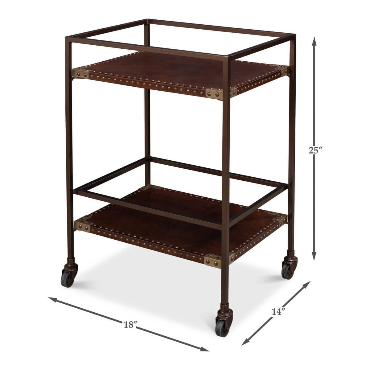 Industrial leather trolley, dimensions shown, compact and mobile design.