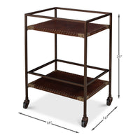 Industrial leather trolley, dimensions shown, compact and mobile design.