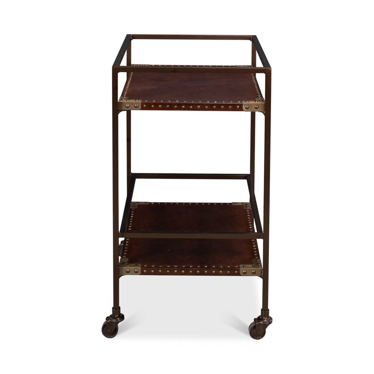 Industrial leather trolley, narrow side view, three levels.
