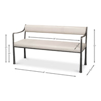 Industrial modern bench with dimensions and measurements.