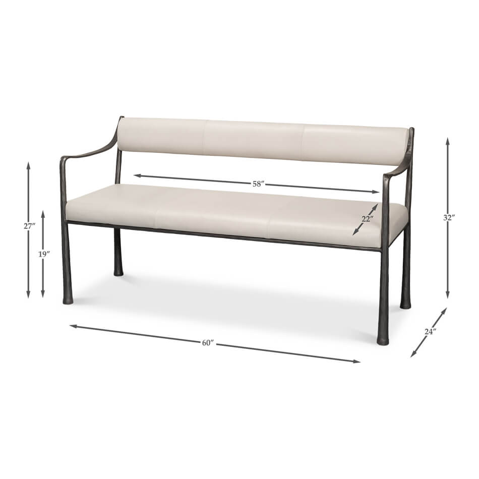 Industrial modern bench with dimensions and measurements.