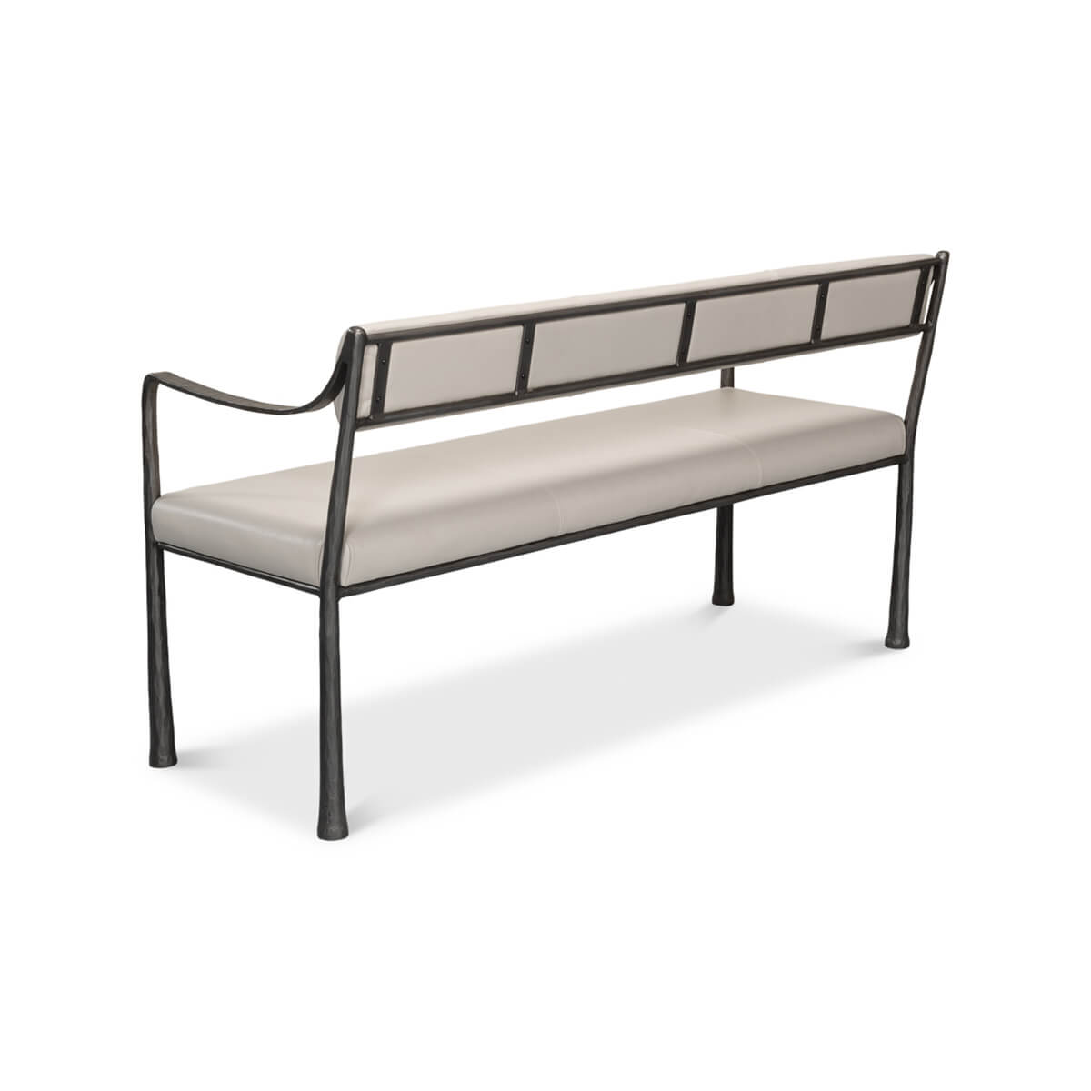 Industrial modern bench, angled view from back right.