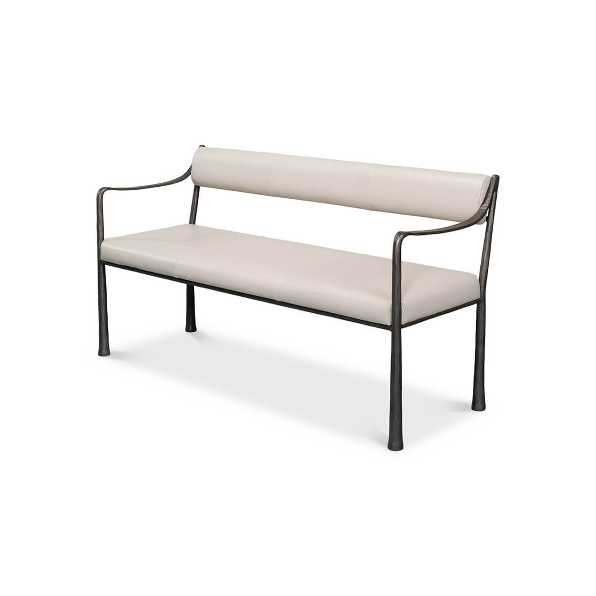 Industrial modern bench, angled view from front right.