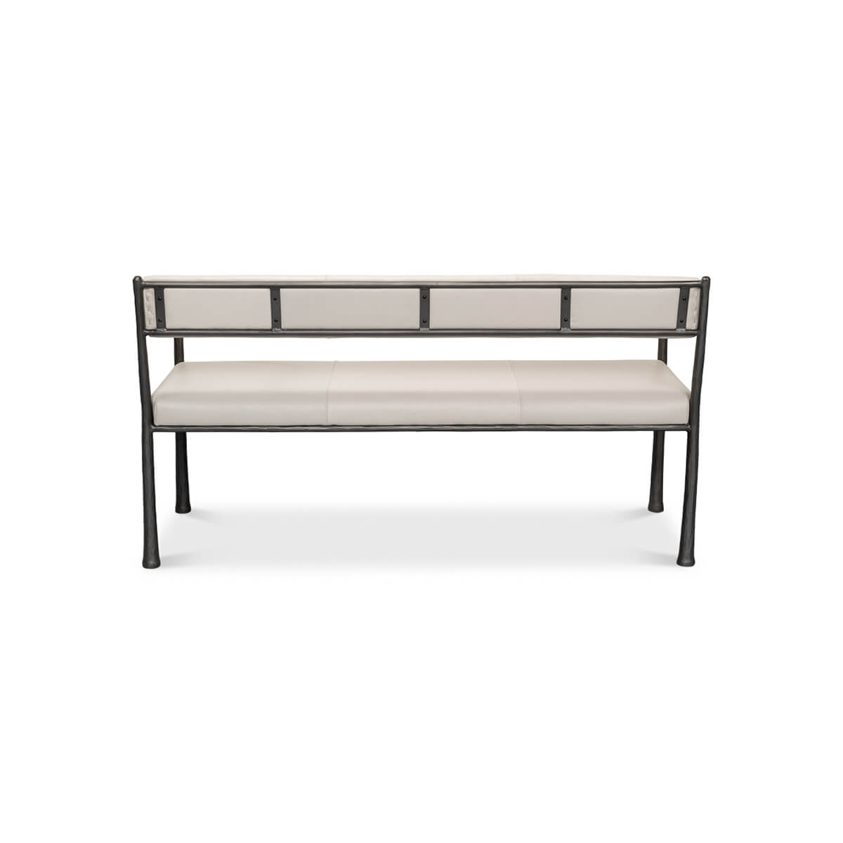 Industrial modern bench, rear view showing backrest.