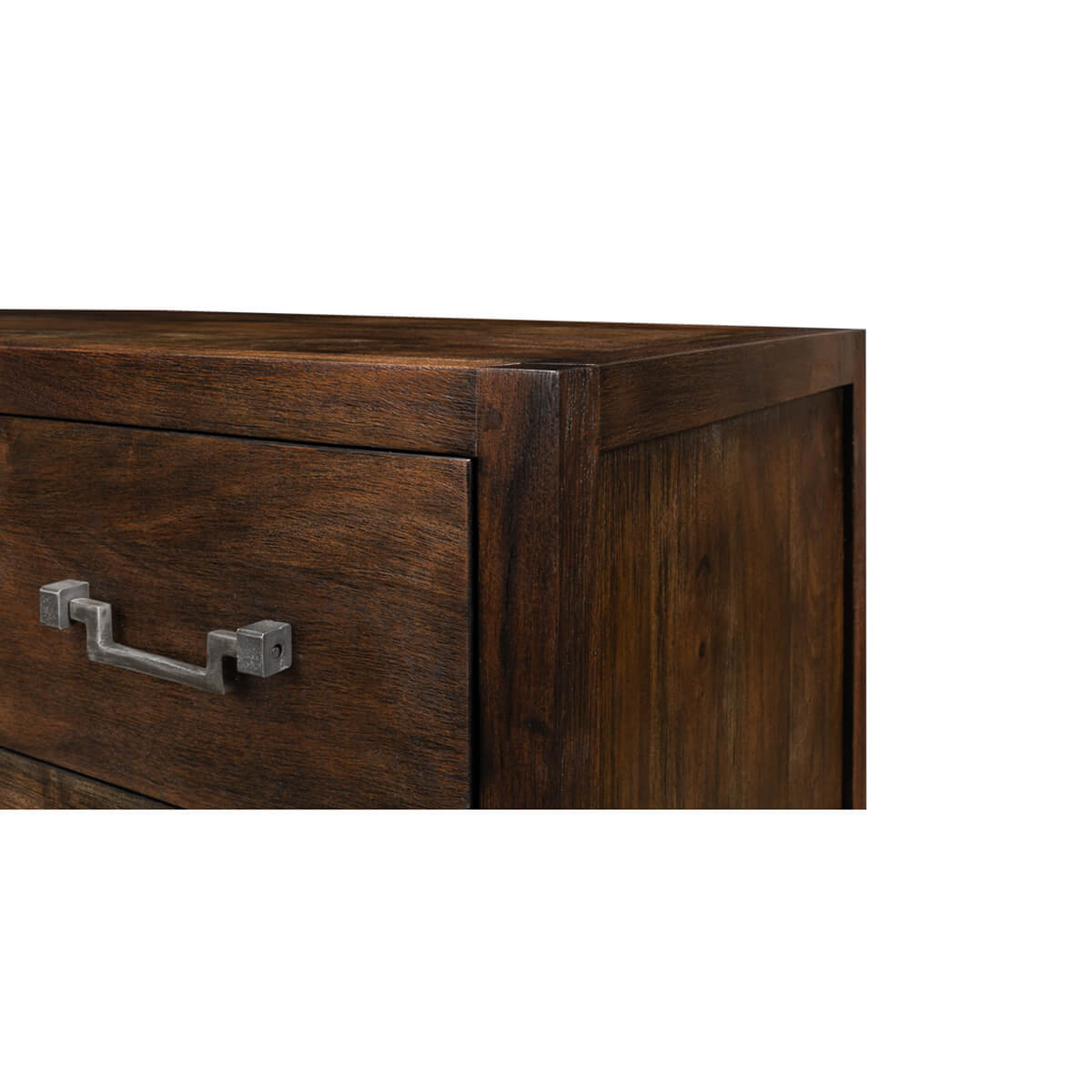 Upper corner view, industrial modern chest, wood texture.