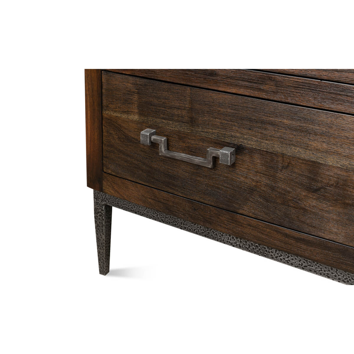 Bottom drawer detail, industrial modern chest, leg close-up.