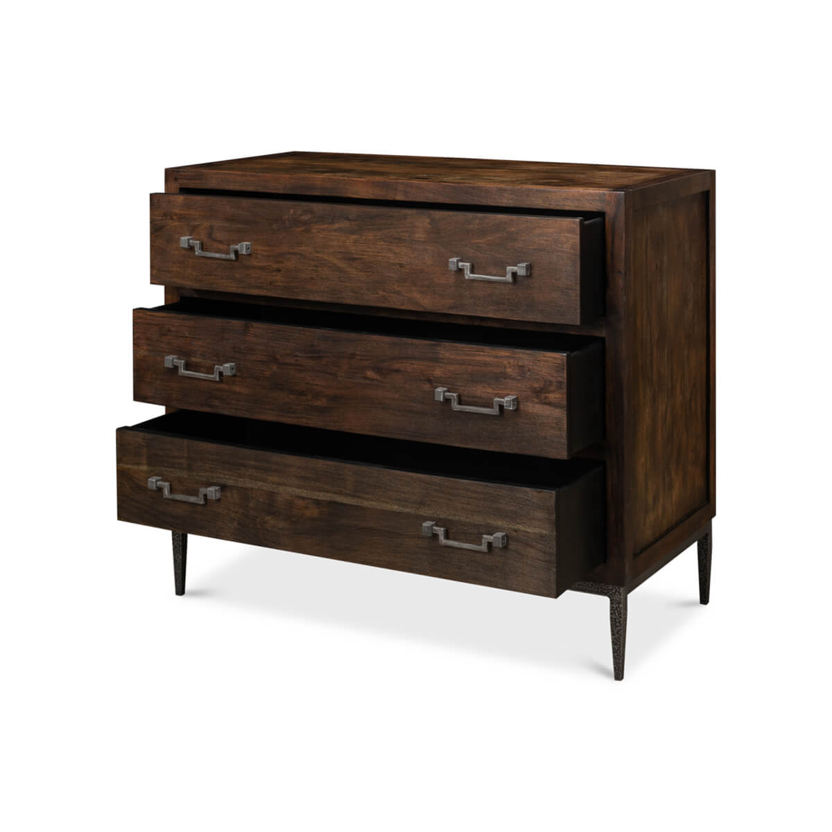 Industrial modern chest, drawers partially open.