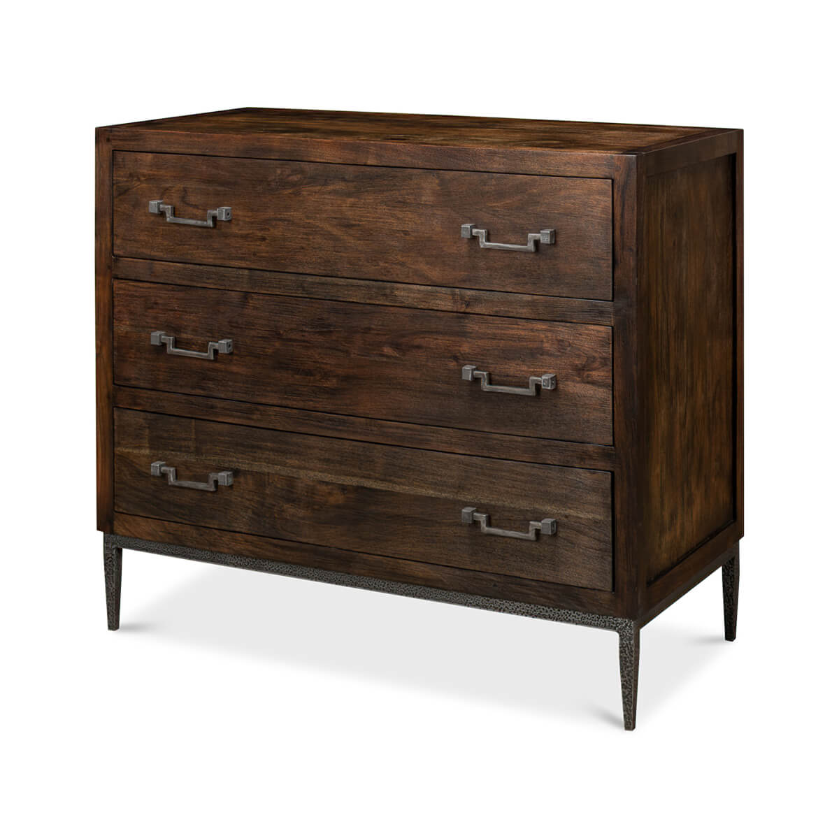 Industrial modern chest of drawers, front angle view.