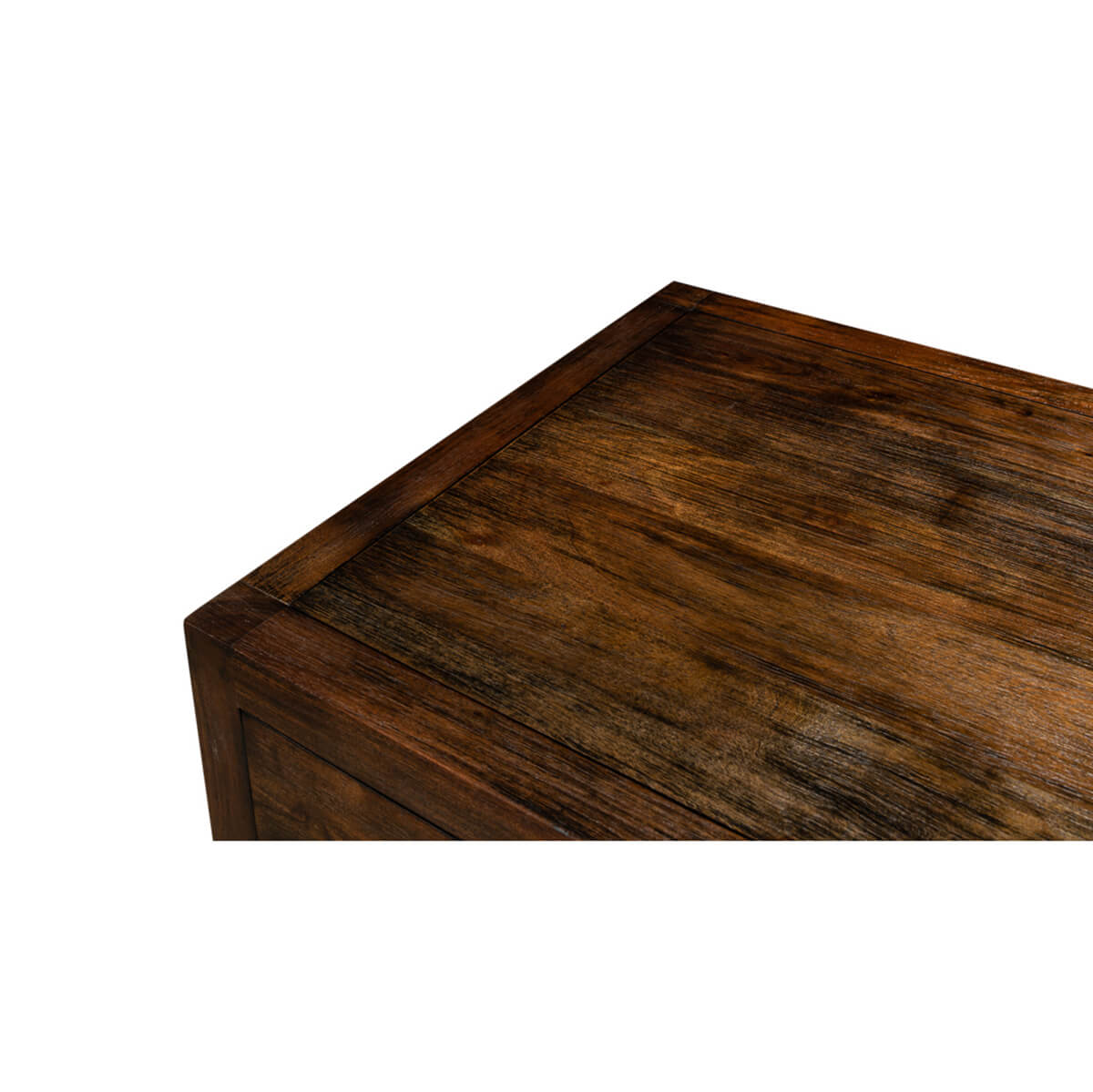 Top surface of industrial modern chest, wood finish detail.