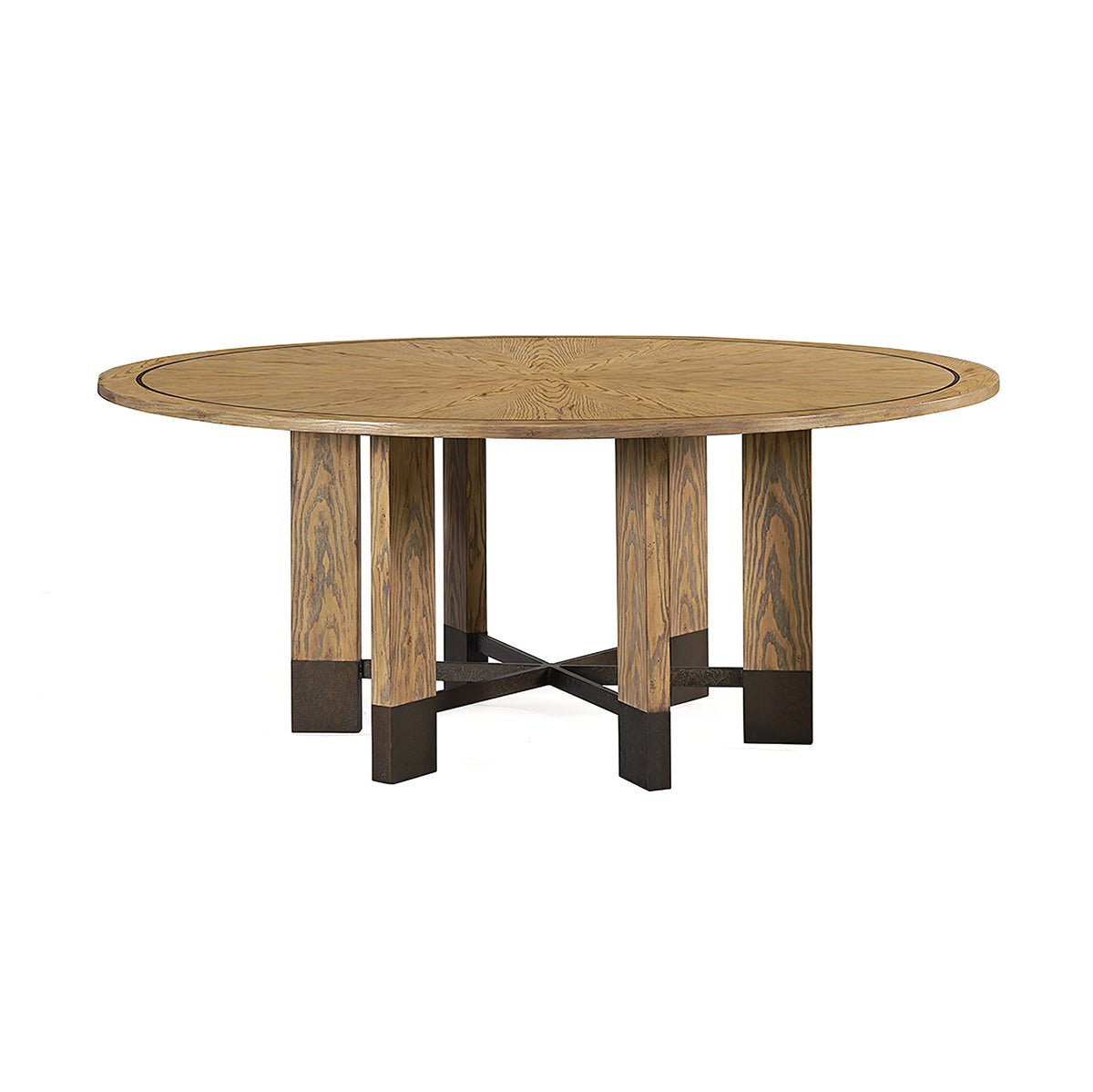 Round wood dining table with geometric base design.