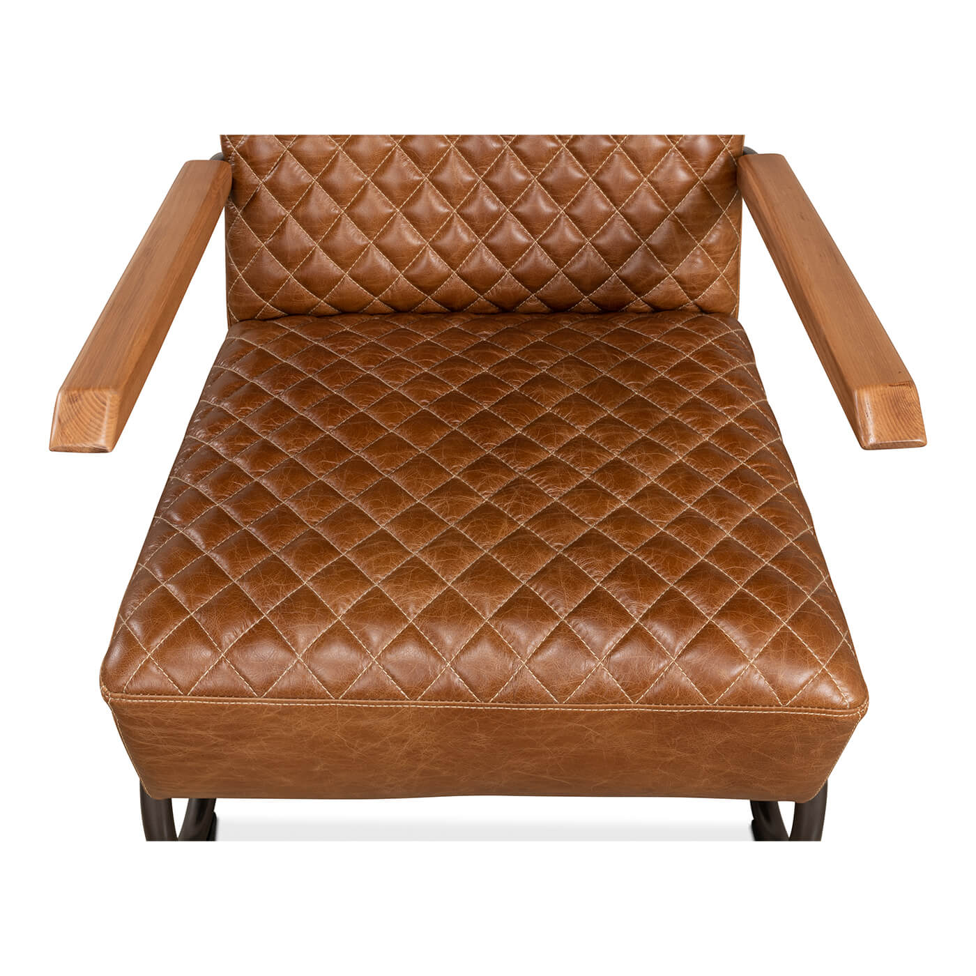 Top view, brown quilted leather seat, wooden arms, armchair.