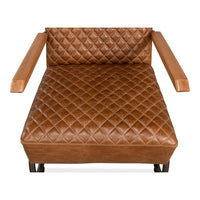 Top view, brown quilted leather seat, wooden arms, armchair.
