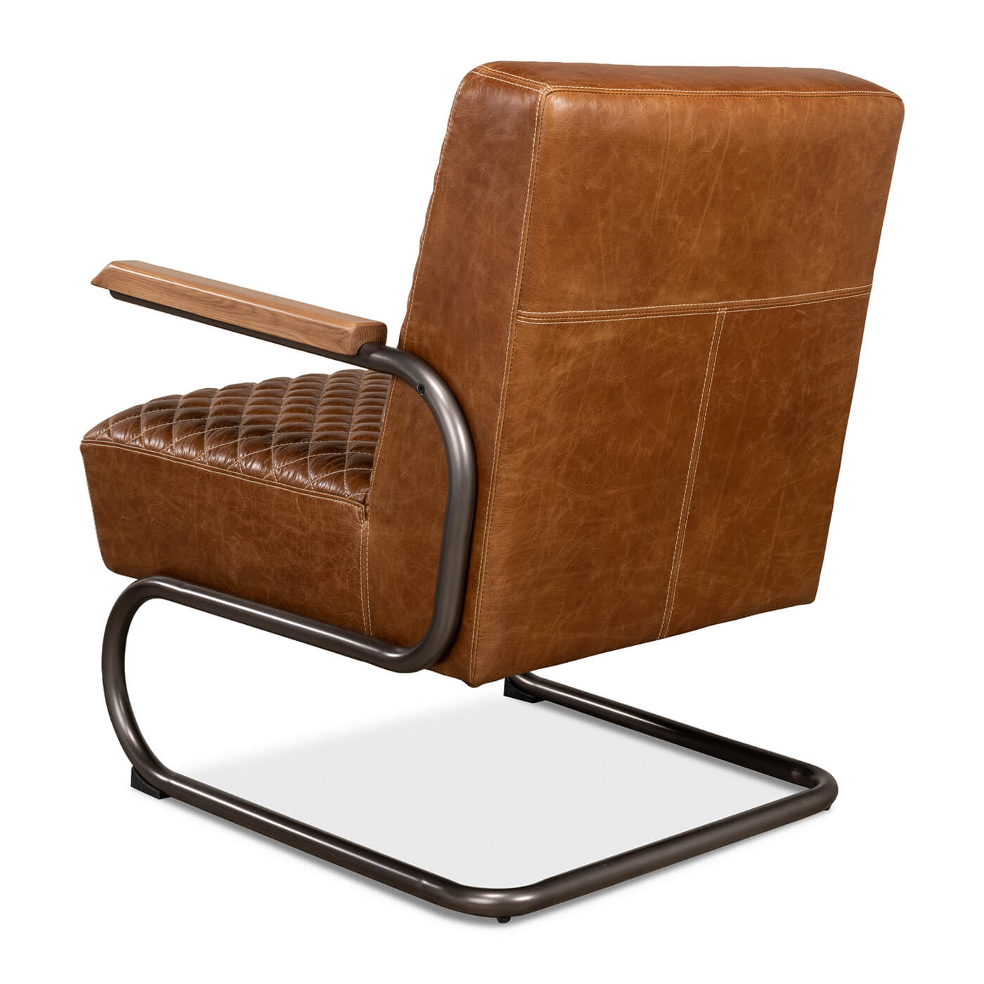 Back view, brown quilted leather armchair, metal arms, modern.