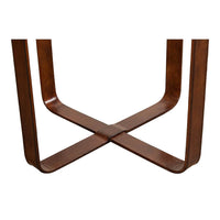 Base detail of round leather end table in brown.