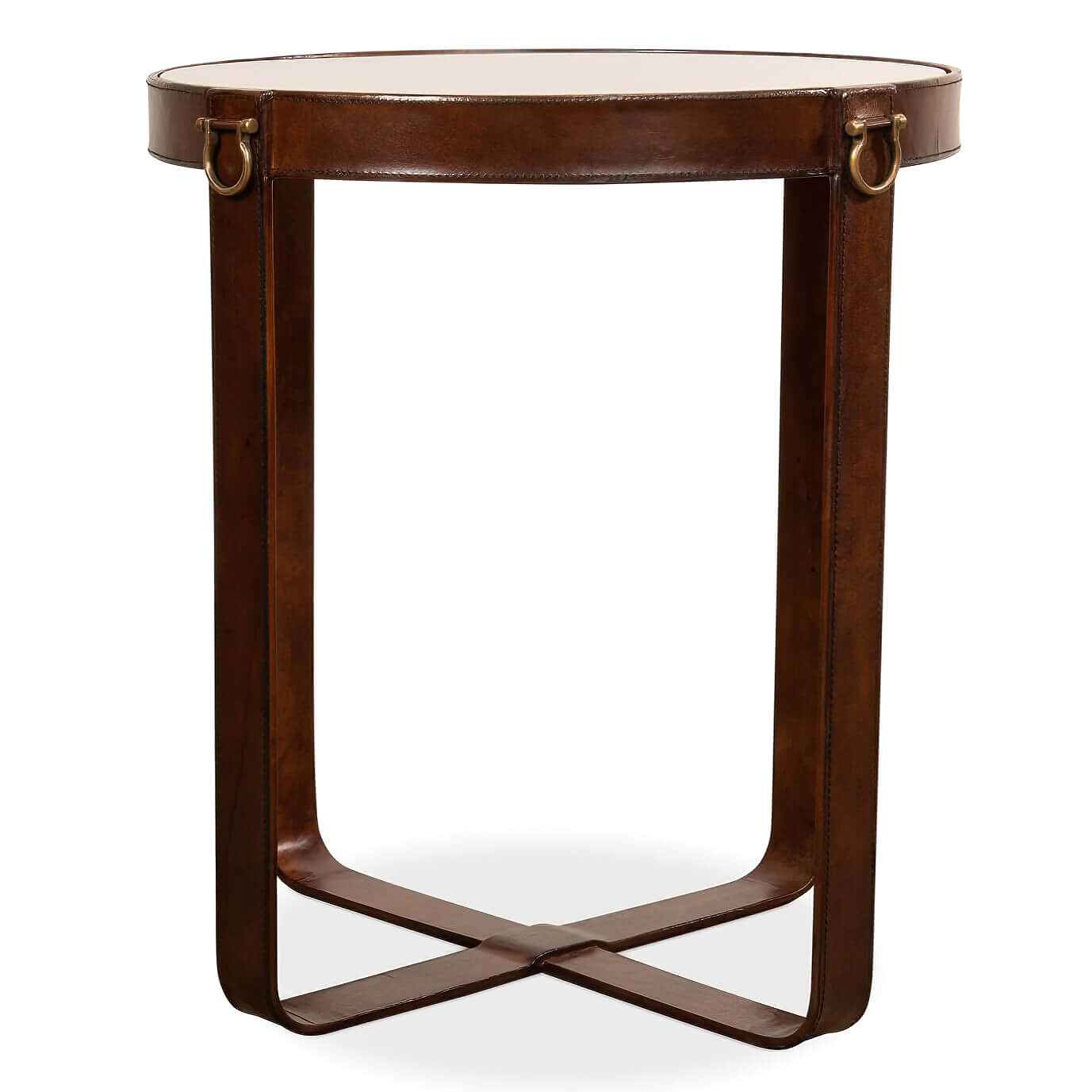 Round leather end table front view with glass top.