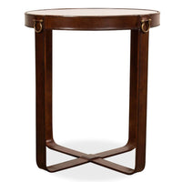 Round leather end table front view with glass top.
