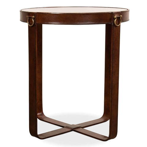 Industrial Round Leather End Table