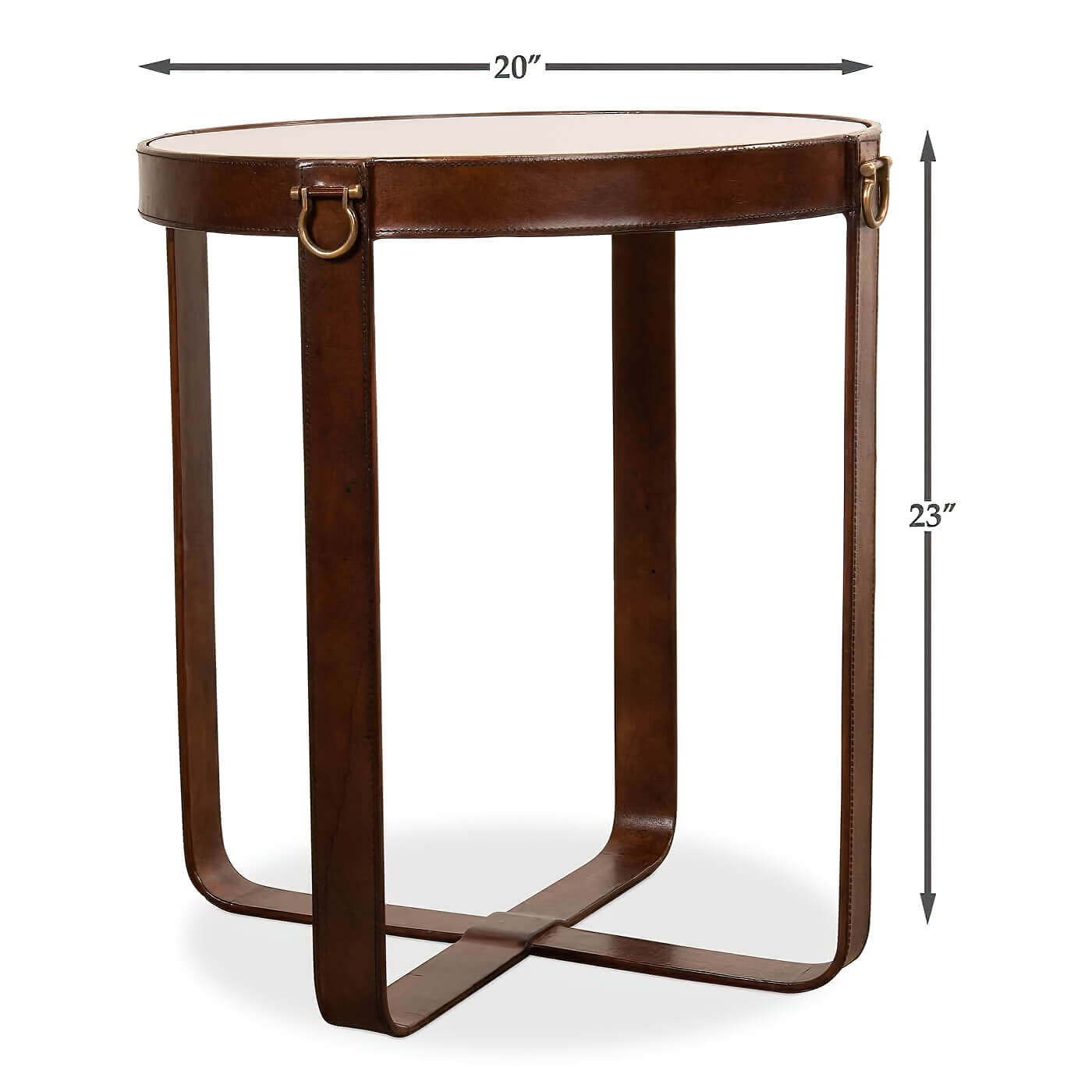 Leather end table dimensions shown in side view image.