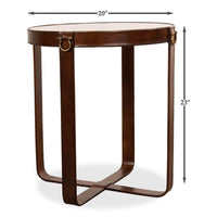 Leather end table dimensions shown in side view image.