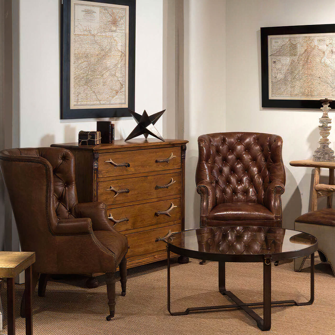 Leather end tables featured in classic living room setting.