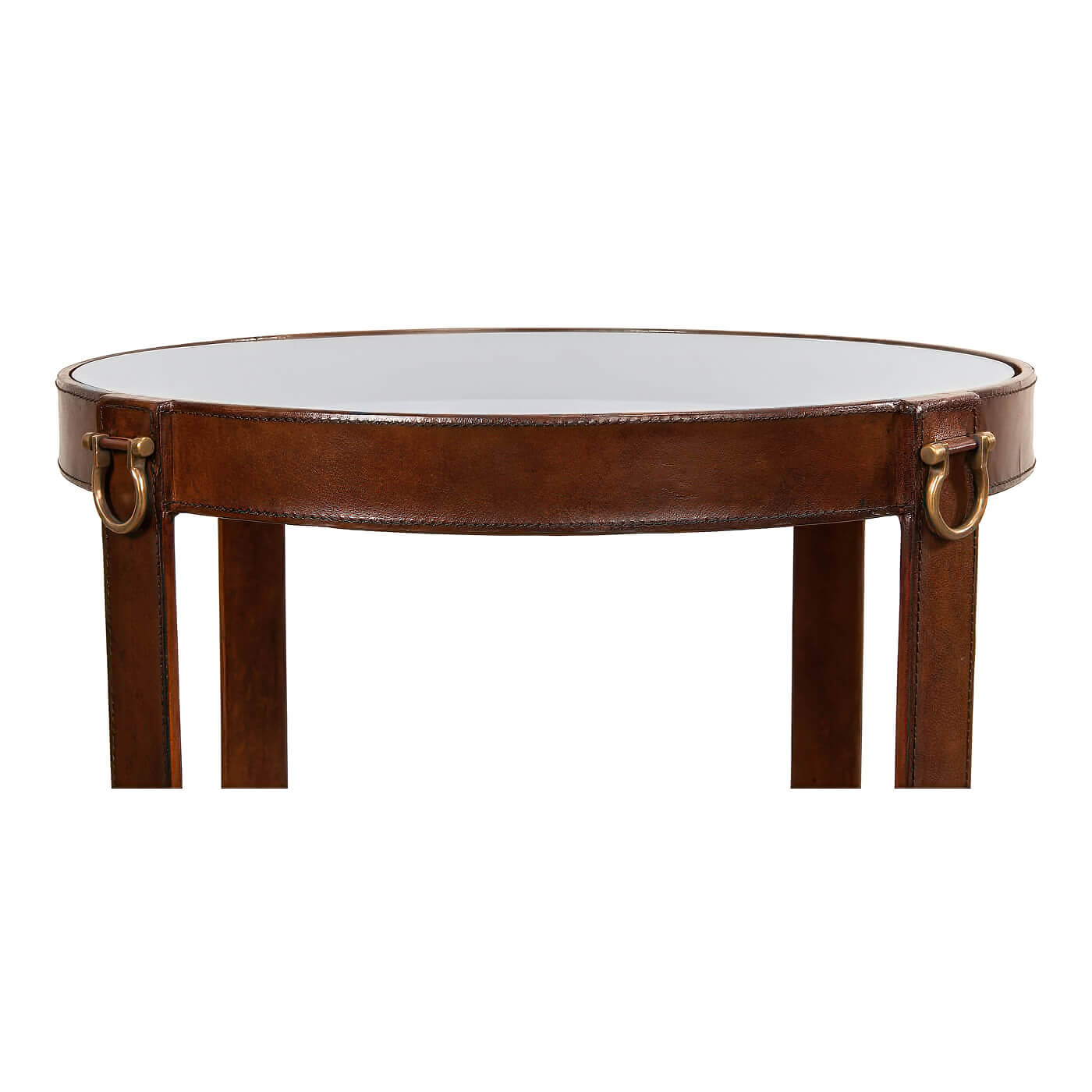Side view of leather end table with round tabletop.