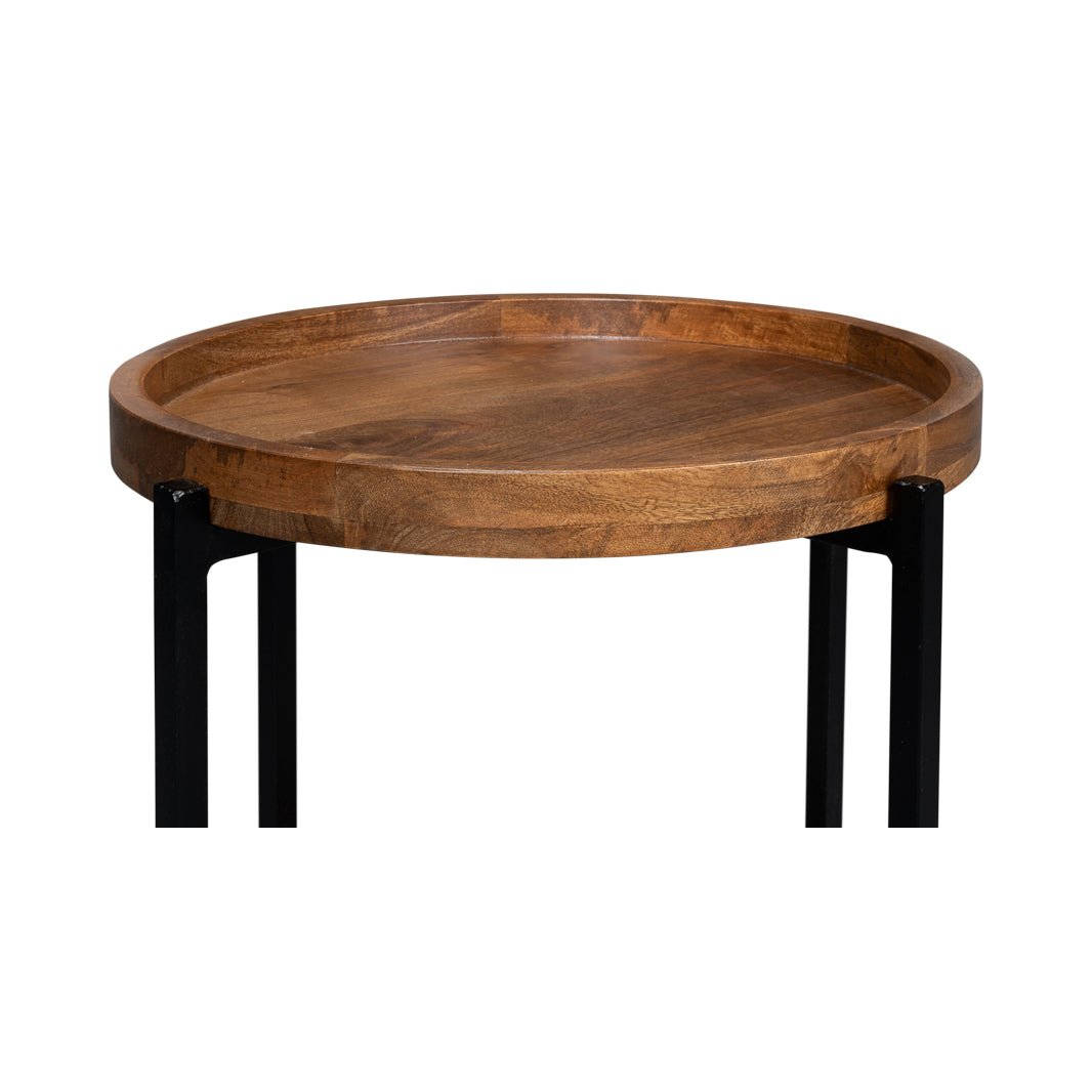 Industrial side table, close-up of top edge, wooden texture.