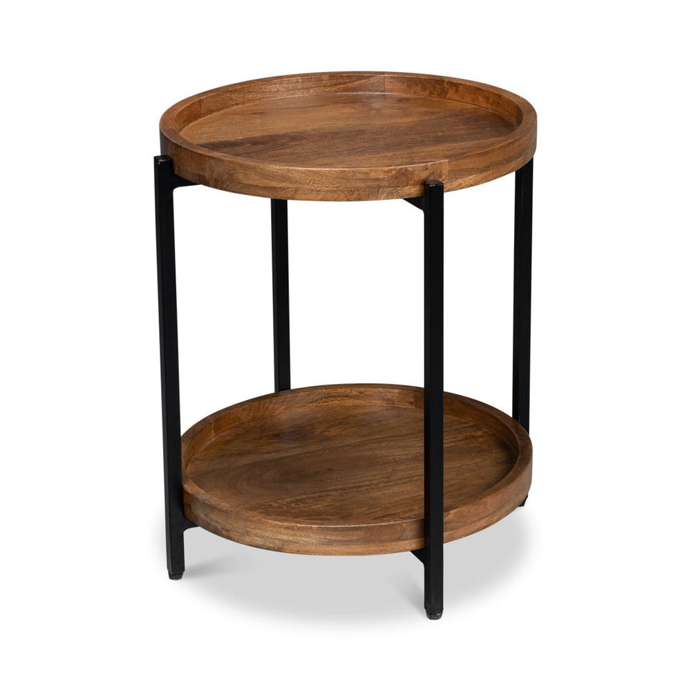 Industrial round side table, wooden finish, front view.