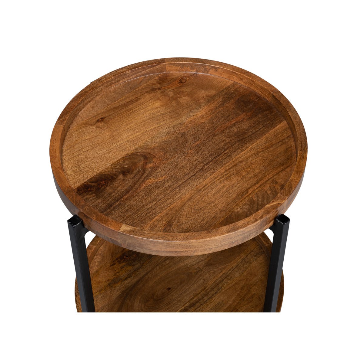 Close-up of round table's top surface, wood detail.