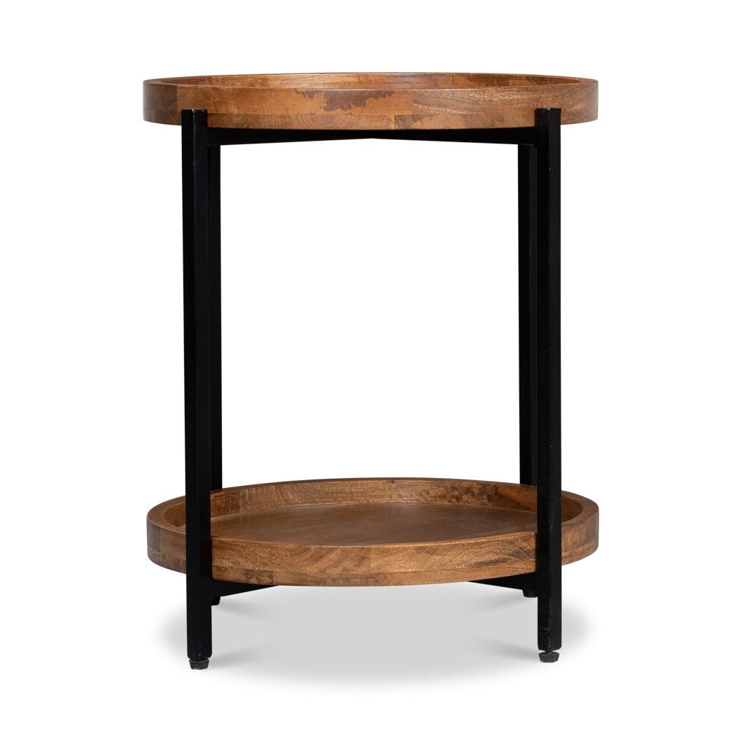 Round side table, straight front view, dual wooden shelves.