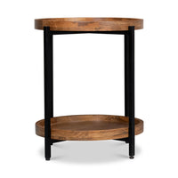 Round side table, straight front view, dual wooden shelves.