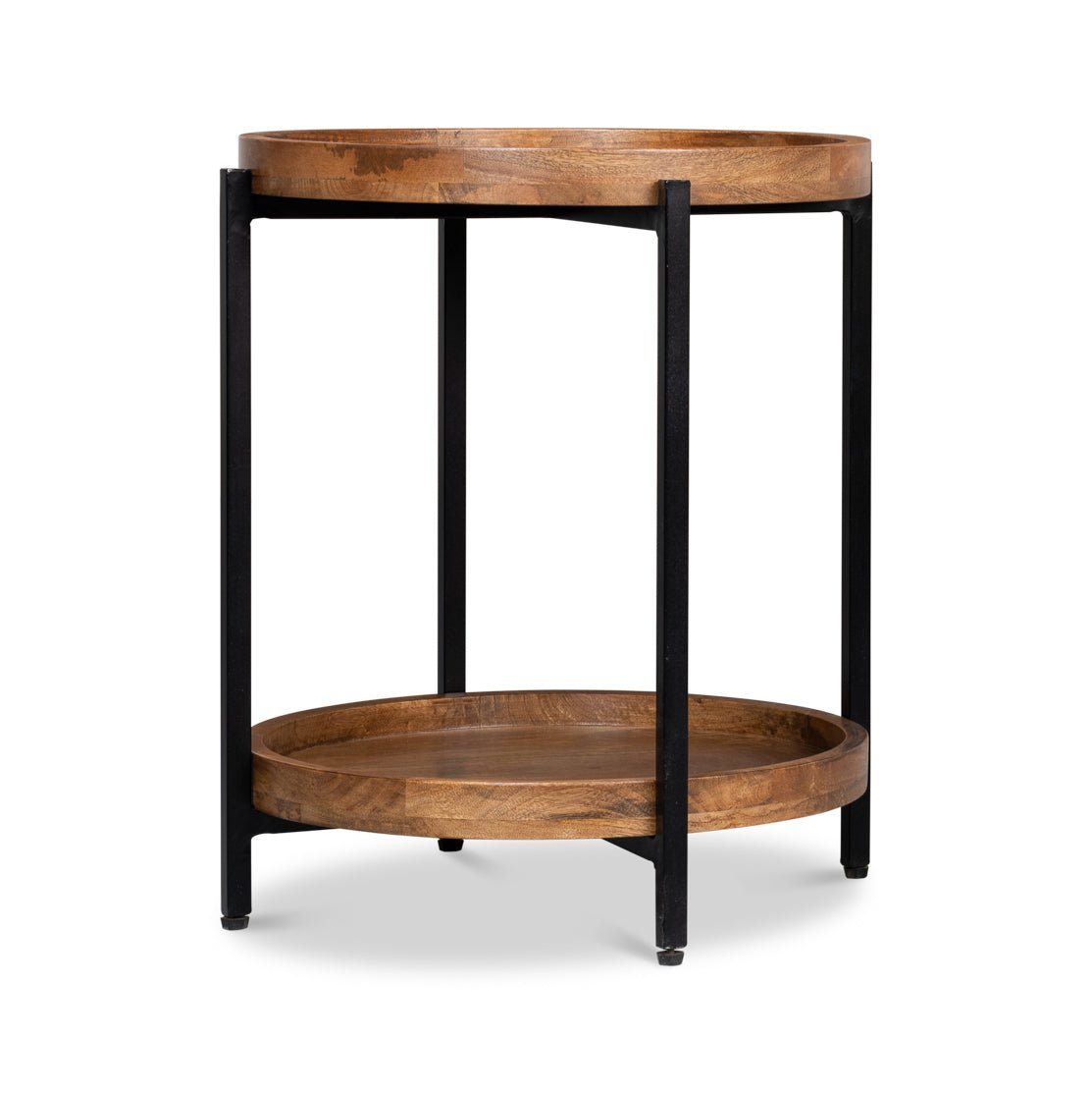 Industrial round table, side perspective, sleek modern look.