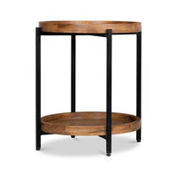 Industrial round table, side perspective, sleek modern look.