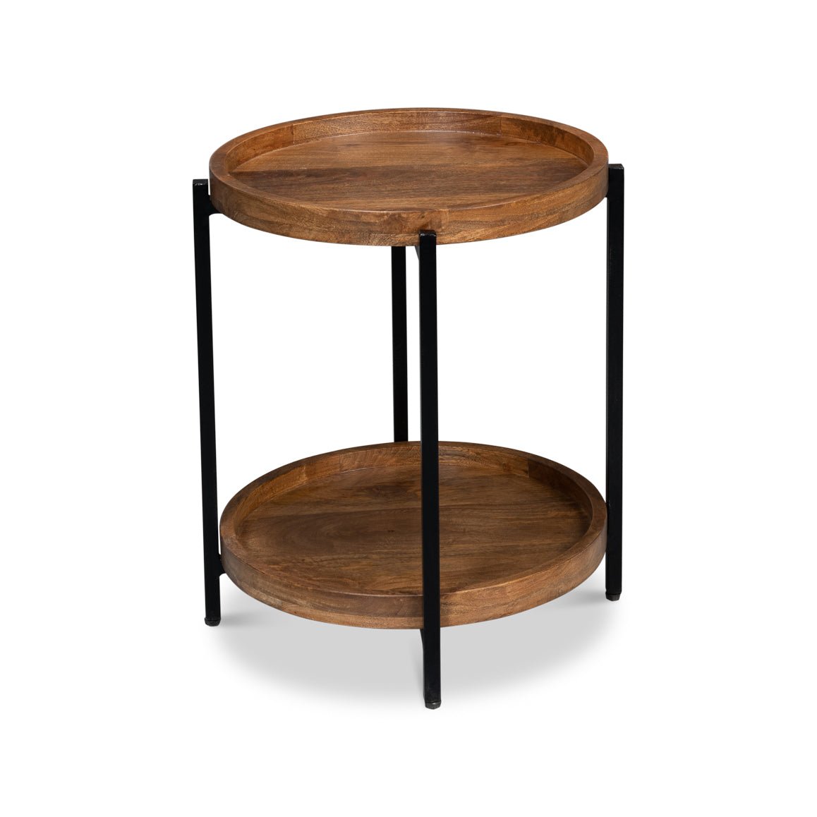 Industrial round table, side angle, black metal legs.
