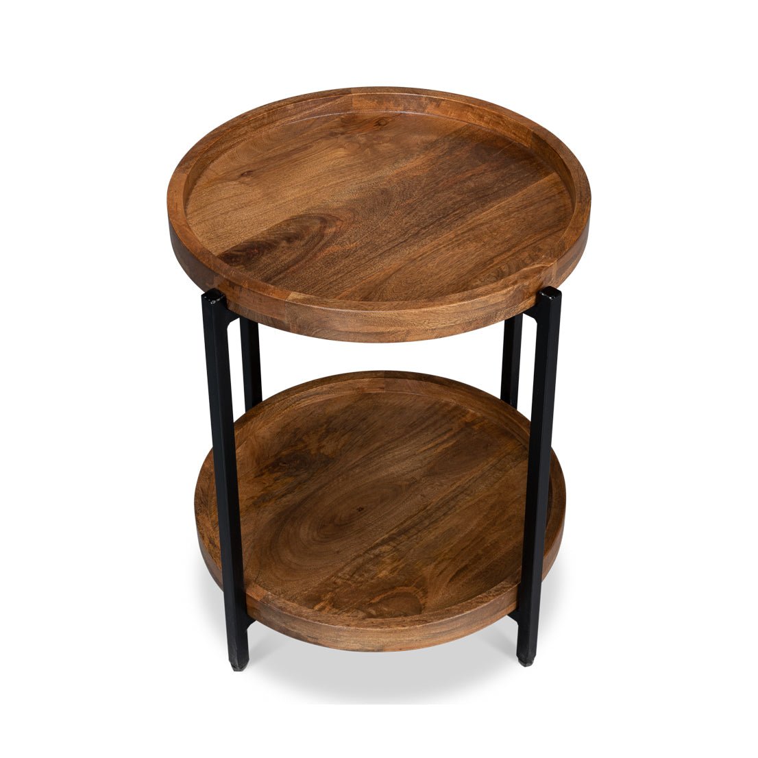 Top view of industrial round table with wood grain.