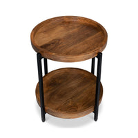 Top view of industrial round table with wood grain.