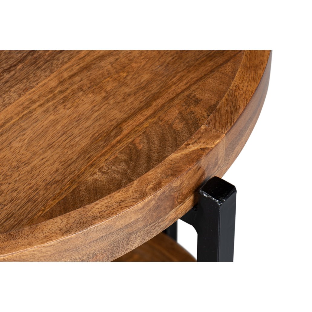 Detailed view of round table's top edge, natural finish.