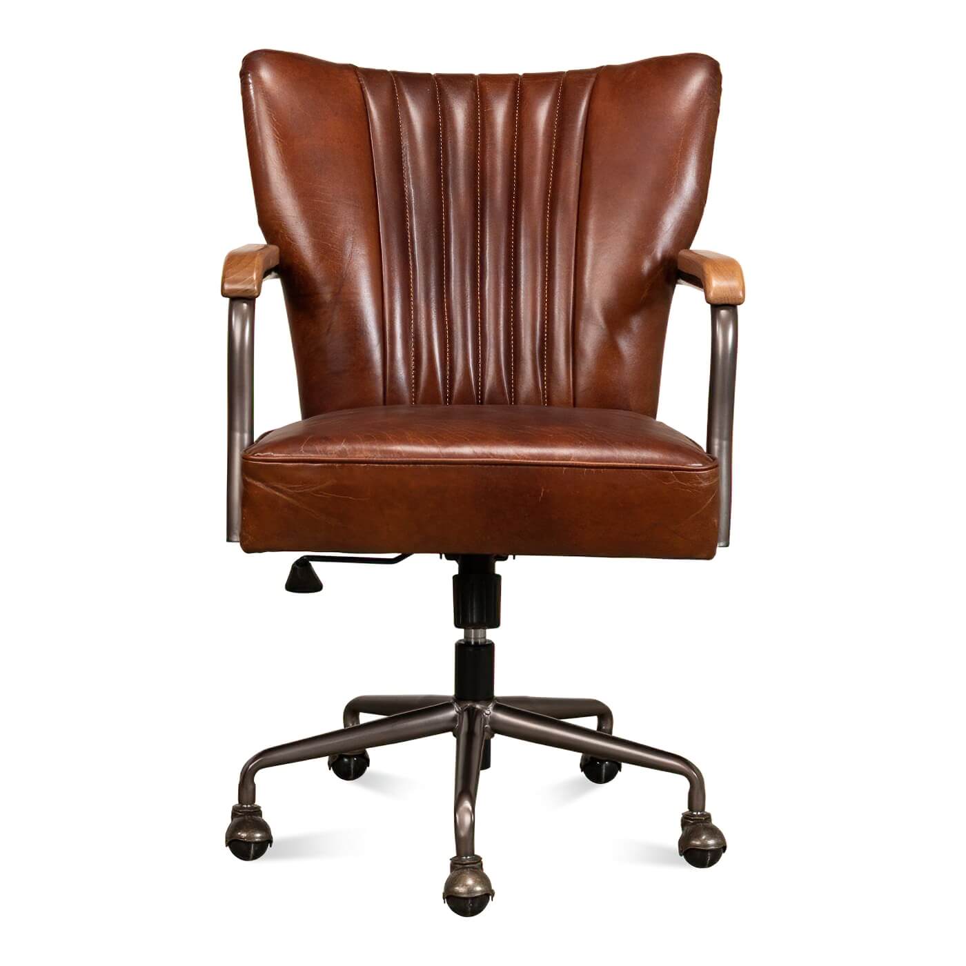 Industrial desk chair, front view with leather upholstery.