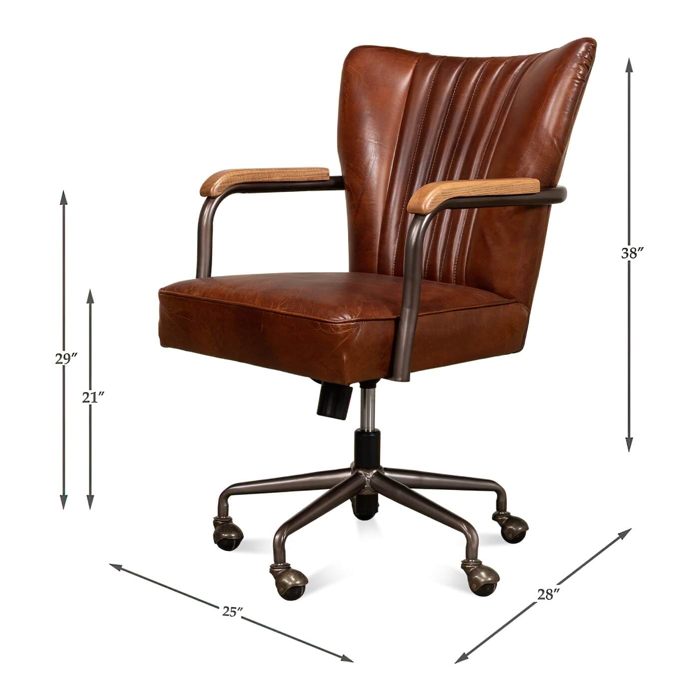 Leather desk chair dimensions diagram with adjustable height feature.