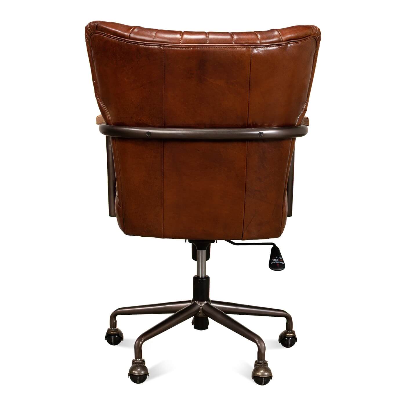 Back view of brown leather desk chair with metal frame.