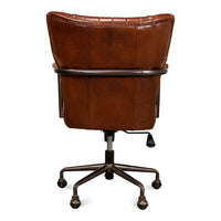 Back view of brown leather desk chair with metal frame.